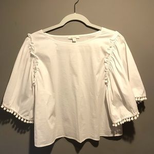 Ella Moss White Flutter Sleeve Pom Pom Blouse Top